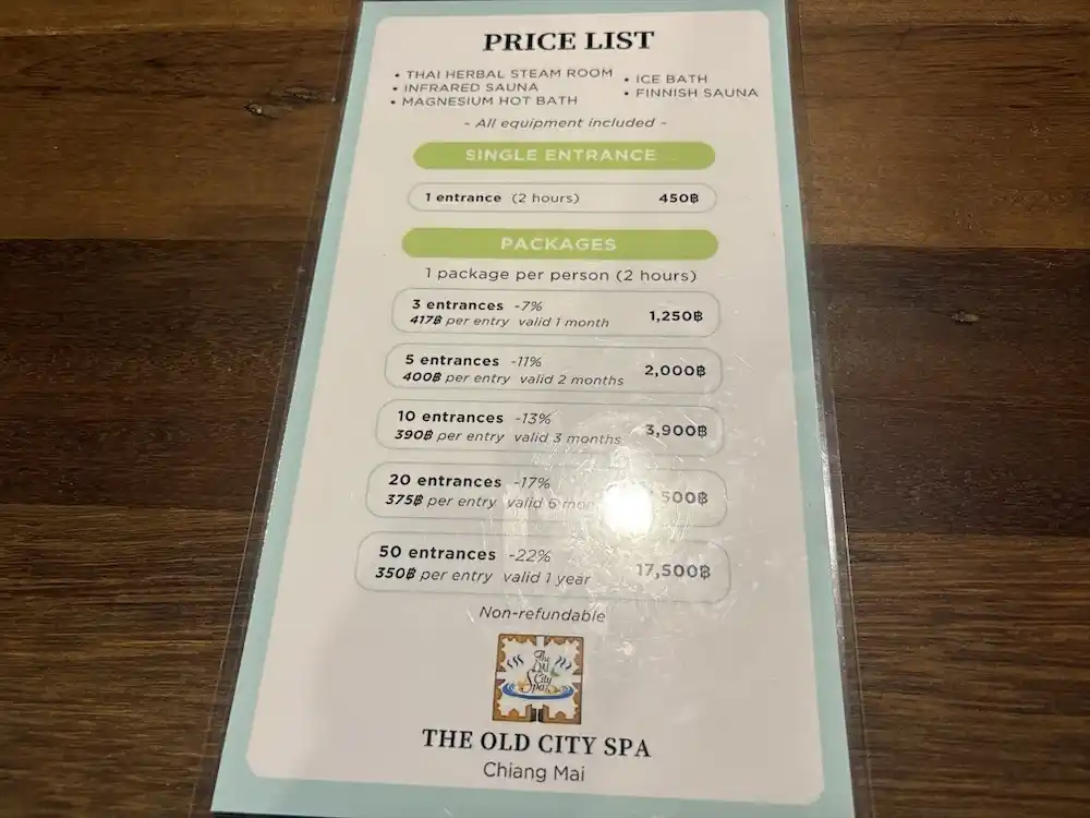 チェンマイオールドシティサウナ メニュー